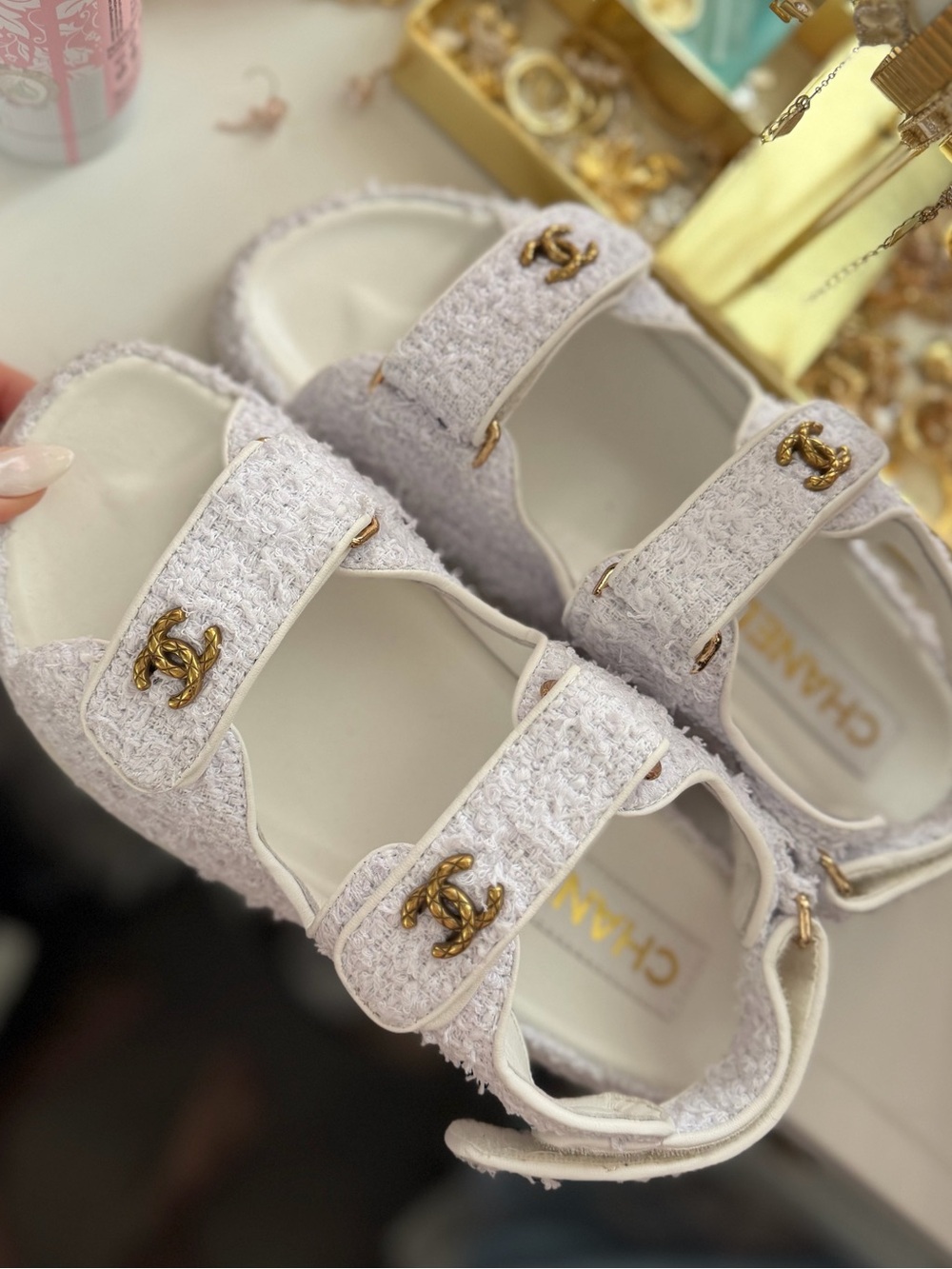 CHANEL White Tweed Double-Strap Sandals with Gold hardware